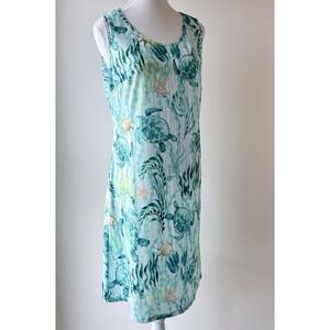 Ocean Themed Beach Dress Coverup Medium Green Turtles Sea Creatures Sleeveless